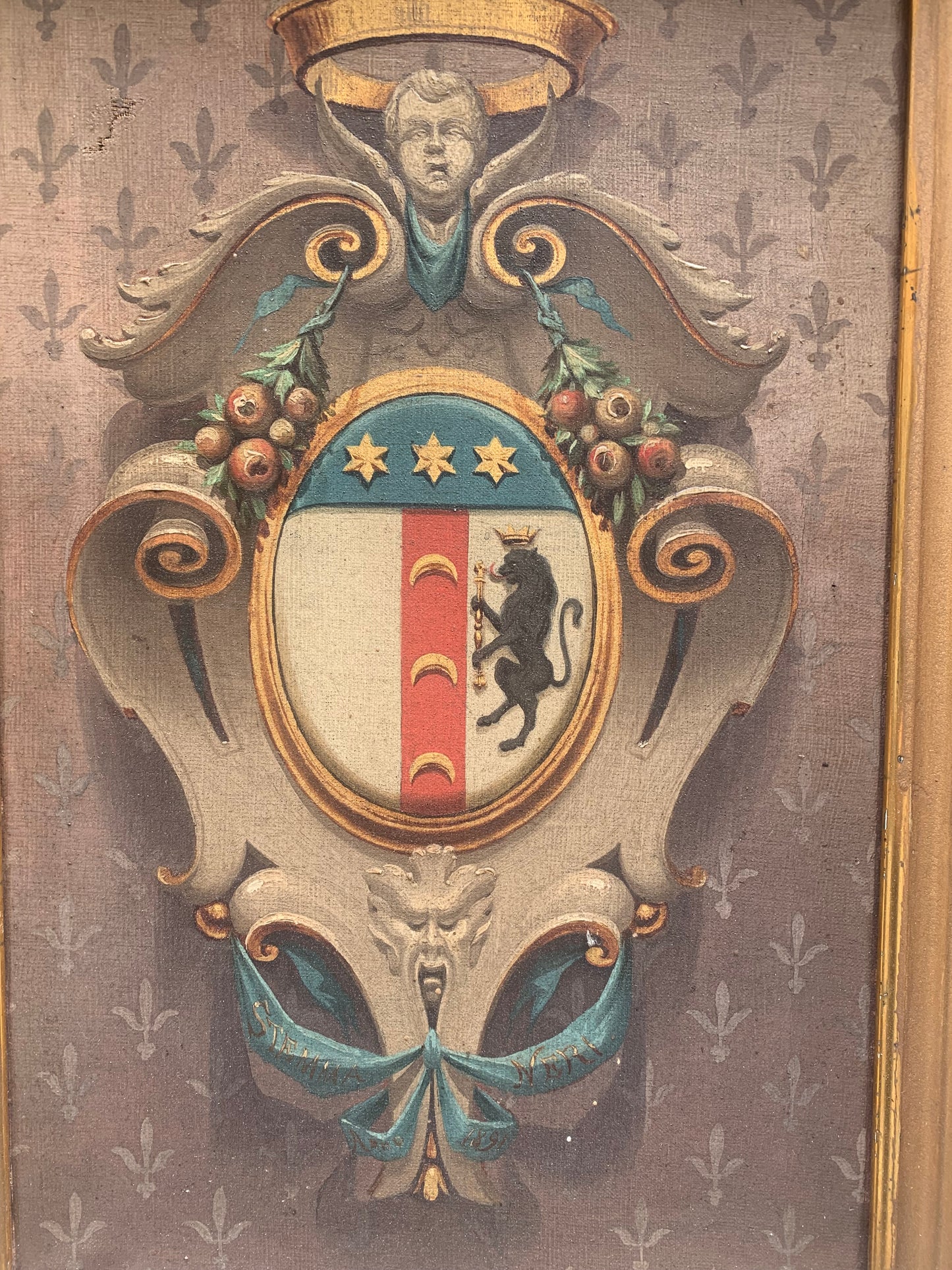 Painted Coat of Arms of the Neri family with Leo, crescents and stars. YEAR 1892