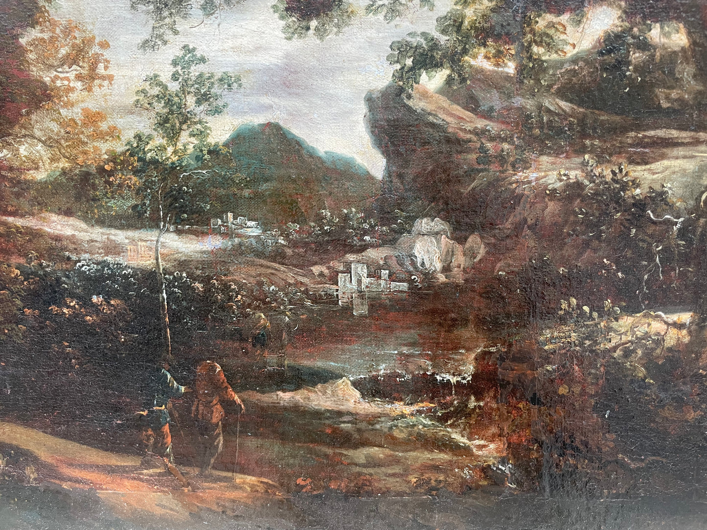 Scuola olandese, XVII secolo – Paesaggio montuoso e viandanti, ambito di Ruysdal