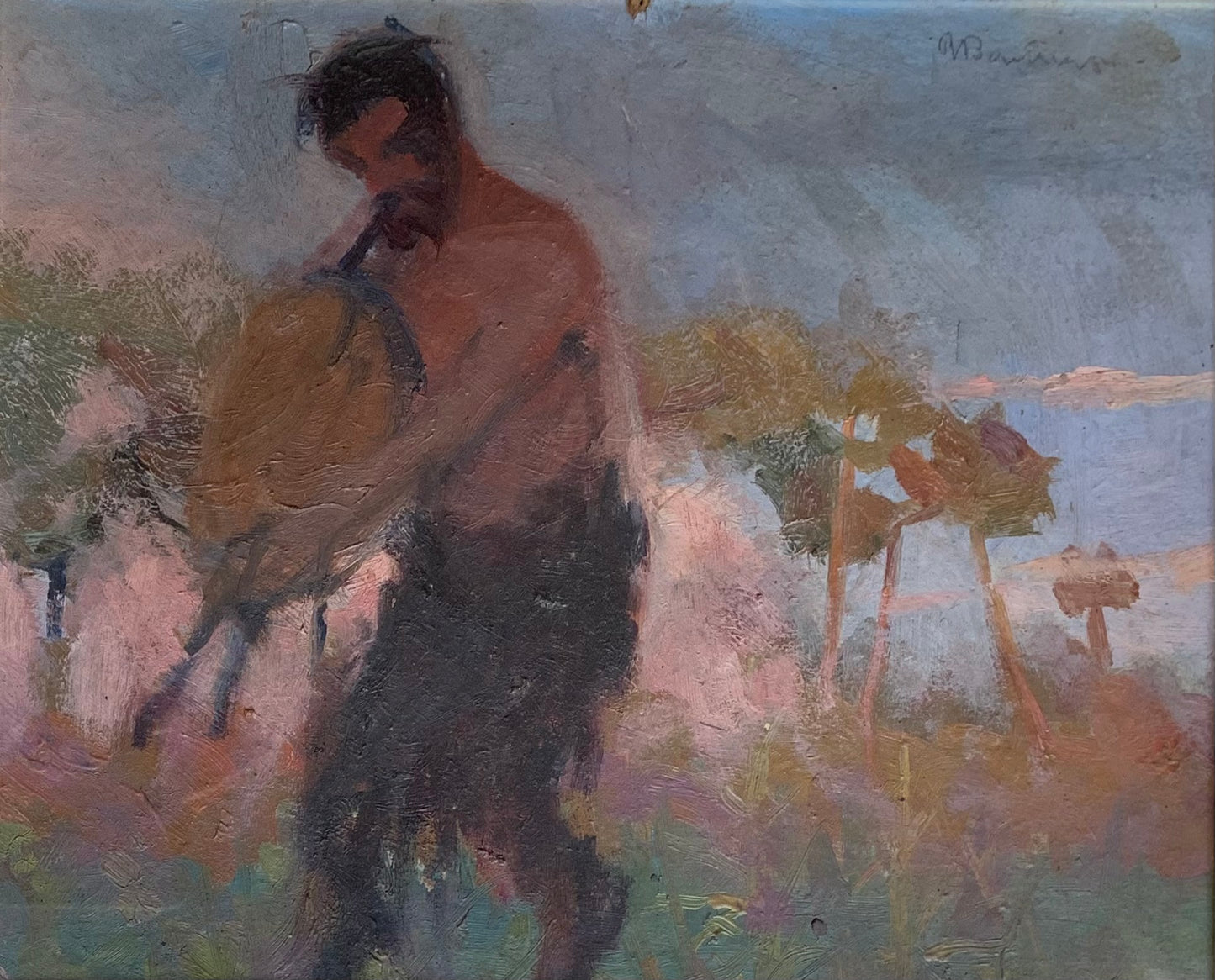 Satyr Playing the Bagpipes at Sunset. Symbolist Painting from the Early 20th Century