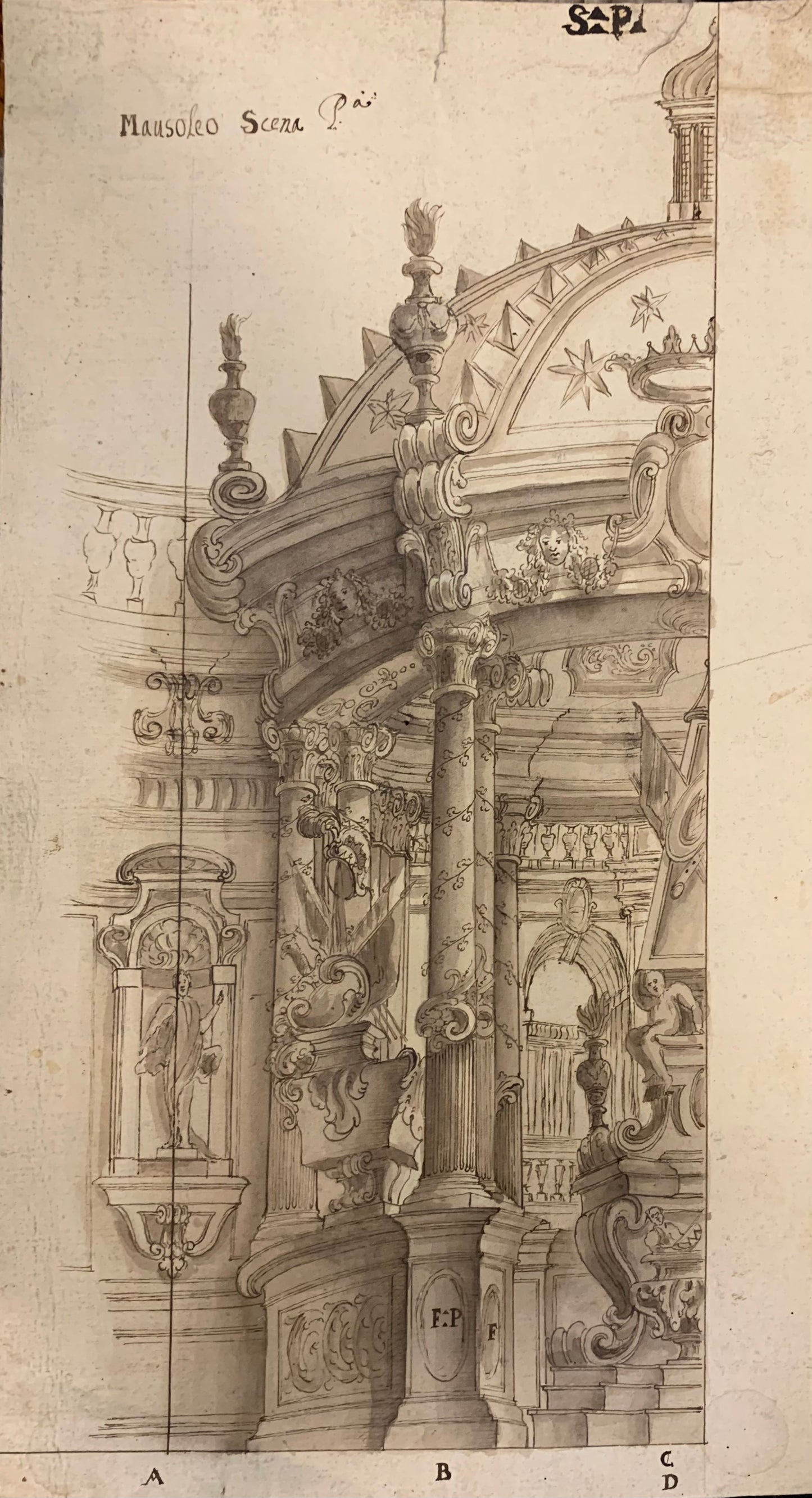 Theatrical scenography, Mausoleum Scena Prima. Entourage by Ferdinando Galli Bibbiena.