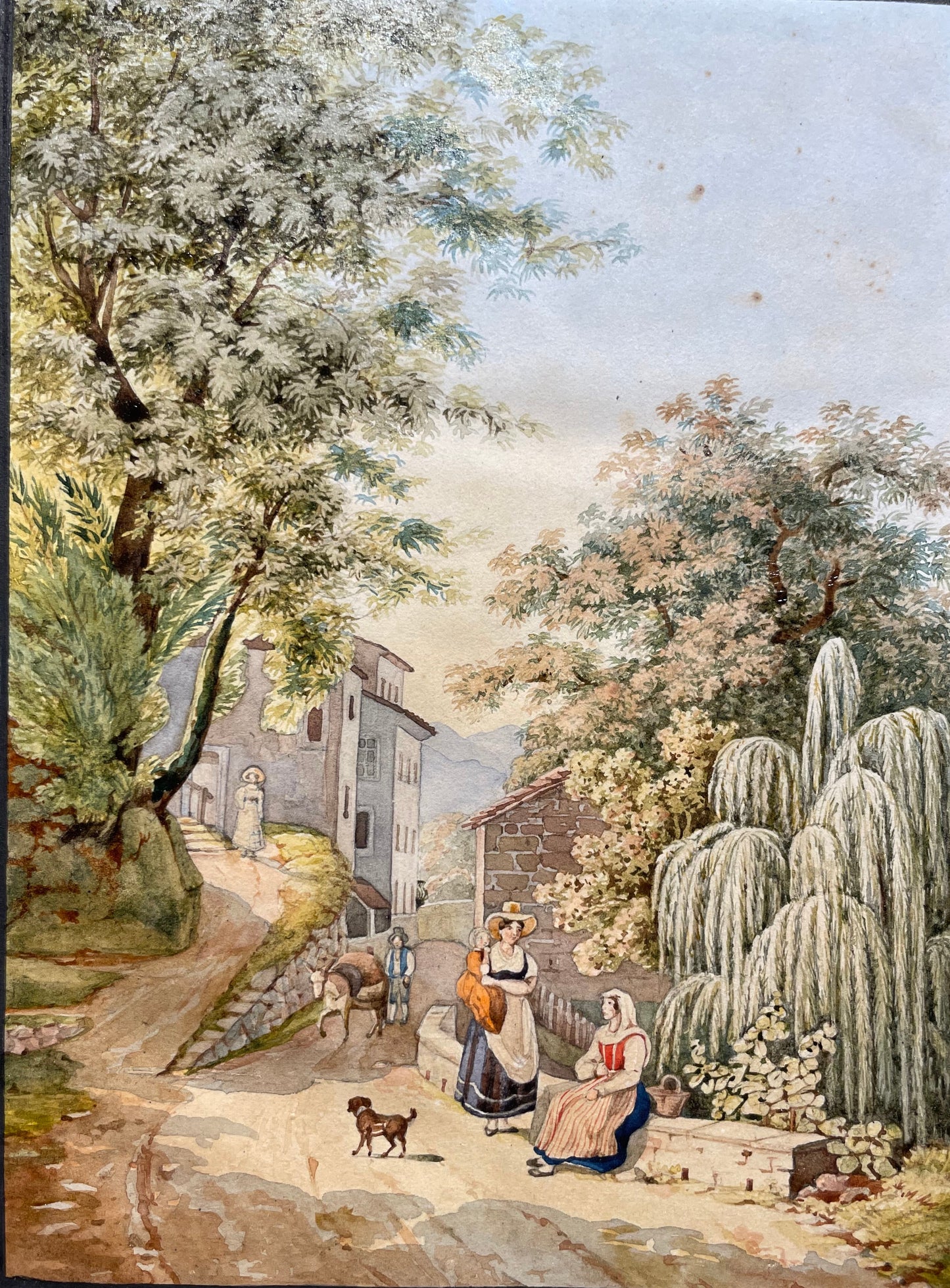 Acquerello ottocentesco nelle campagne toscane presso Firenze, Elisabetta Del Monte Bourbon, firmato e datato 1829