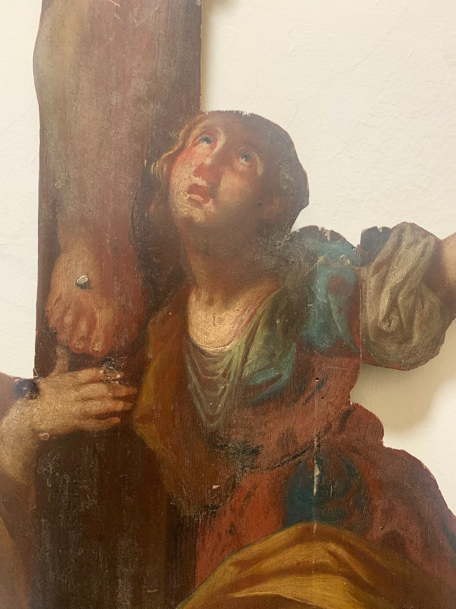 Crucifix With Magdalene. Oil Painting On Wood. XVIII Century.