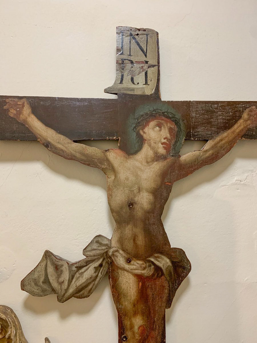 Crucifix With Magdalene. Oil Painting On Wood. XVIII Century.