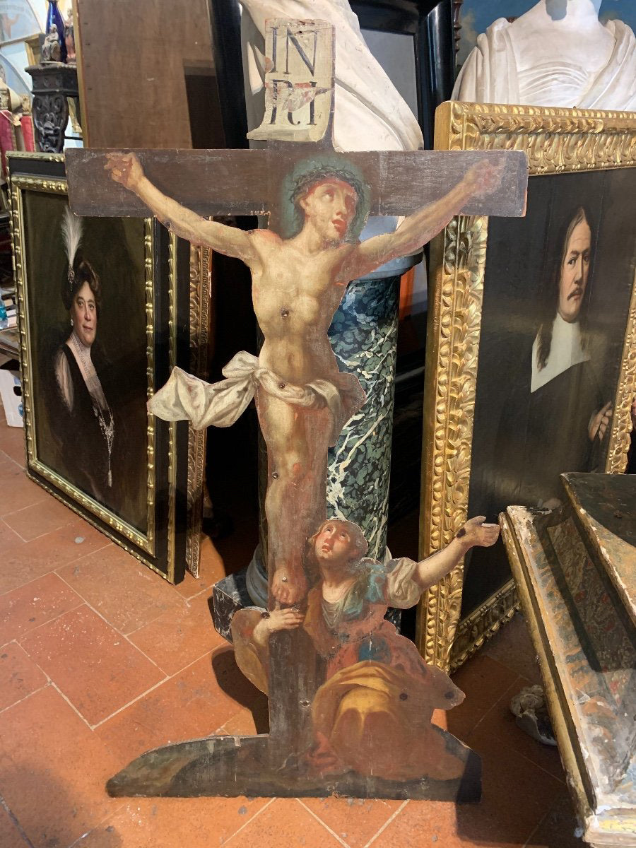 Crucifix With Magdalene. Oil Painting On Wood. XVIII Century.