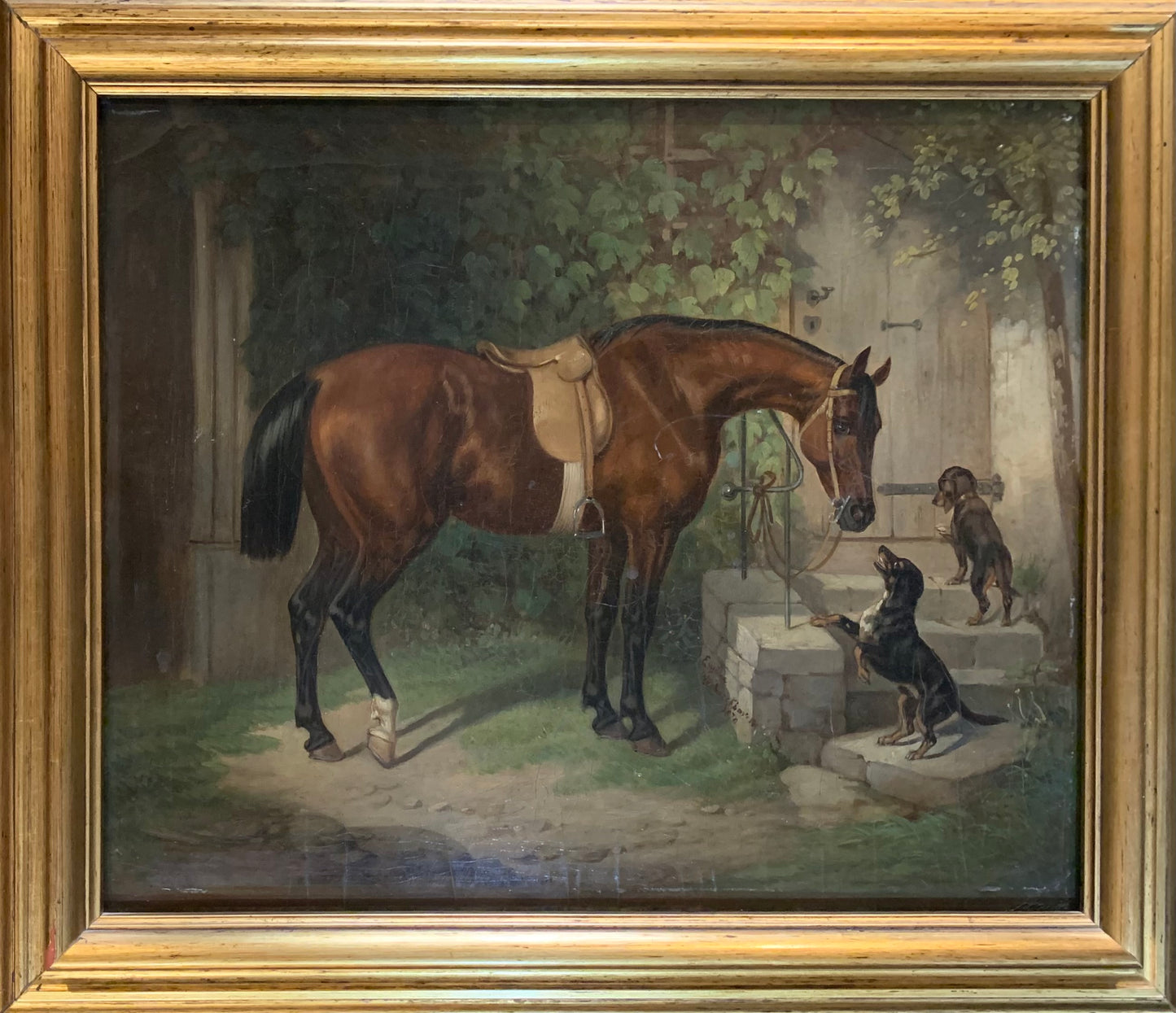 Courtyard Scene with Horse and Two Dachshunds. Anno 1870