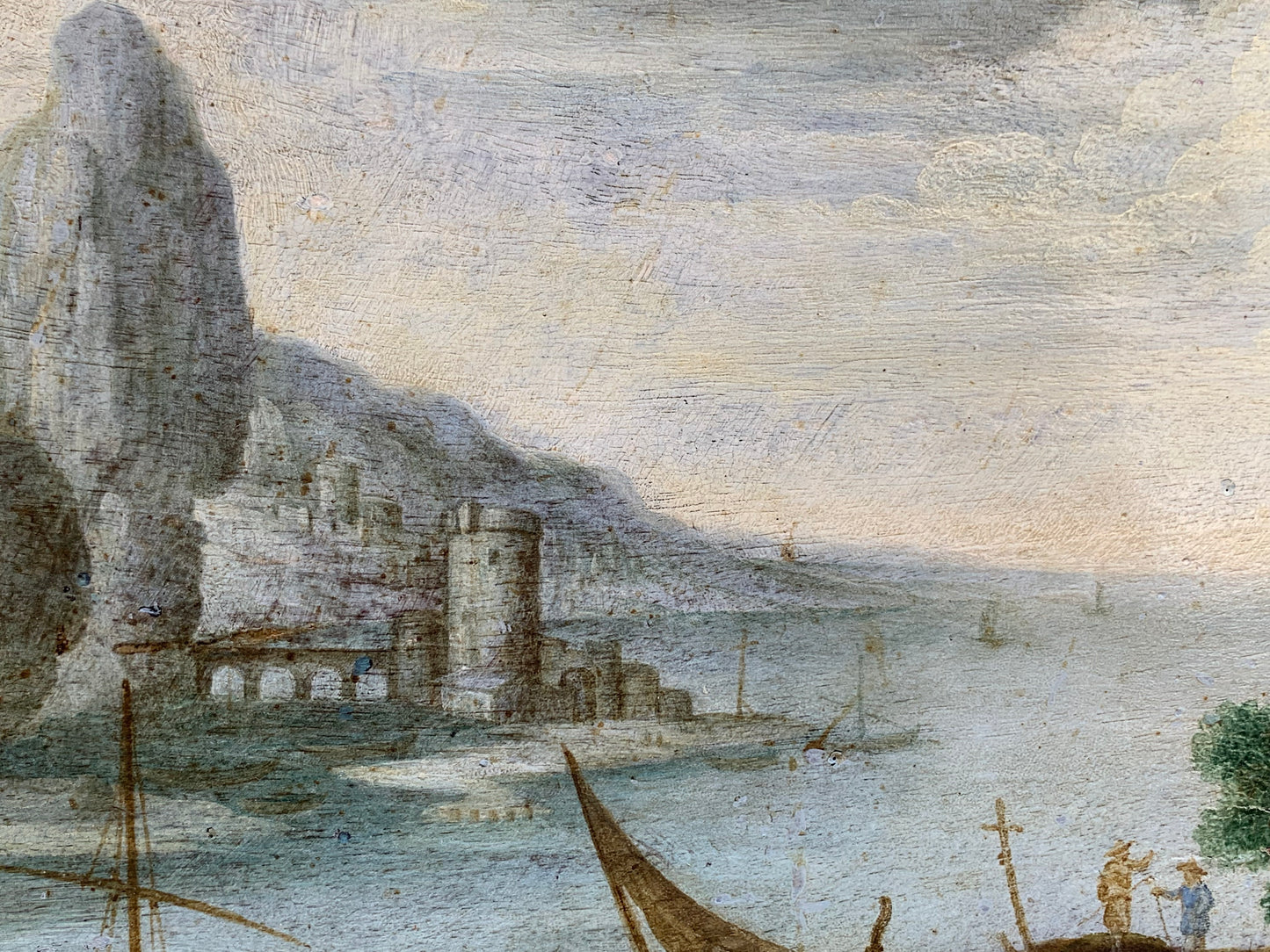 Paesaggio roccioso con barche, uomini e cavalli. XVII secolo. Pittore del manors Europa attivo in Italia