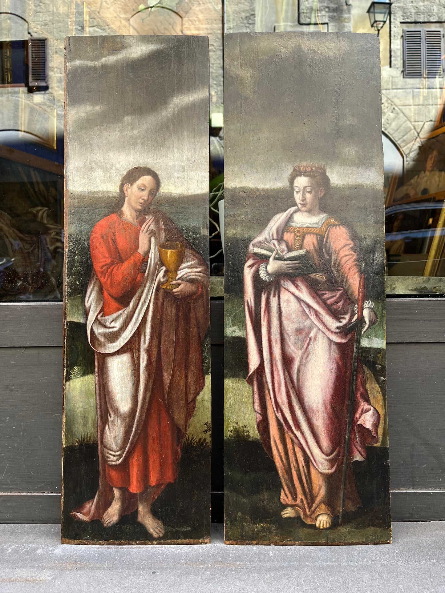 Santa Caterina e San Giovanni, due ante di polittico, scuola fiamminga, XVI secolo