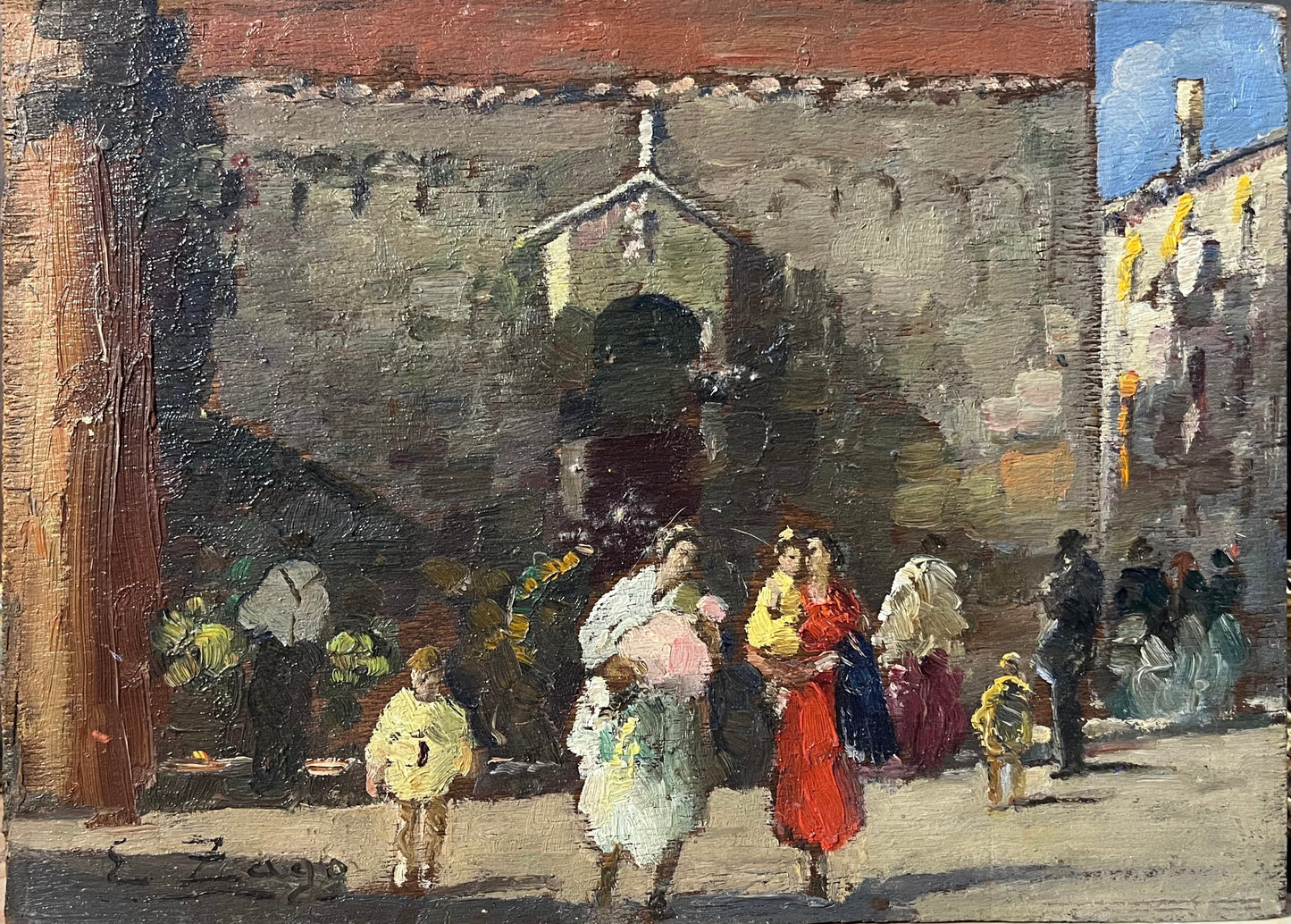 Erma Zago (1880-1942), Piccola veduta di Venezia con mercato presso una chiesa
