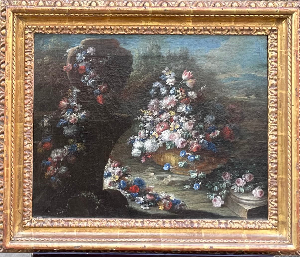 Gaspare Lopez, attribuzione Natura morta con grande vaso e cascata di fiori in un giardino, Napoli, c. 1720