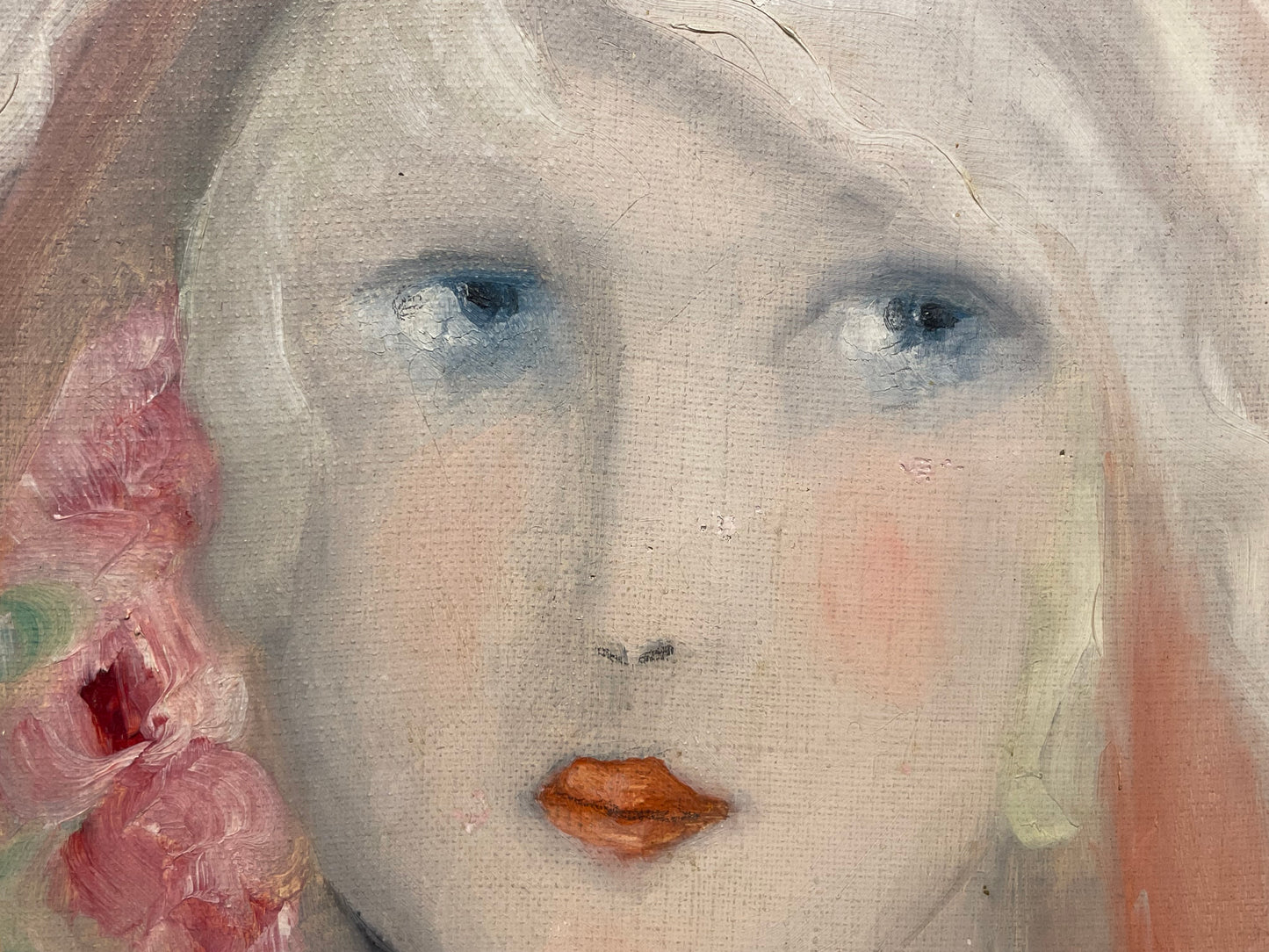Seguace di Marie Laurencin, ritratto femminile con rosa, olio su tela, ca. 1929, 34,5 x 40,5 cm