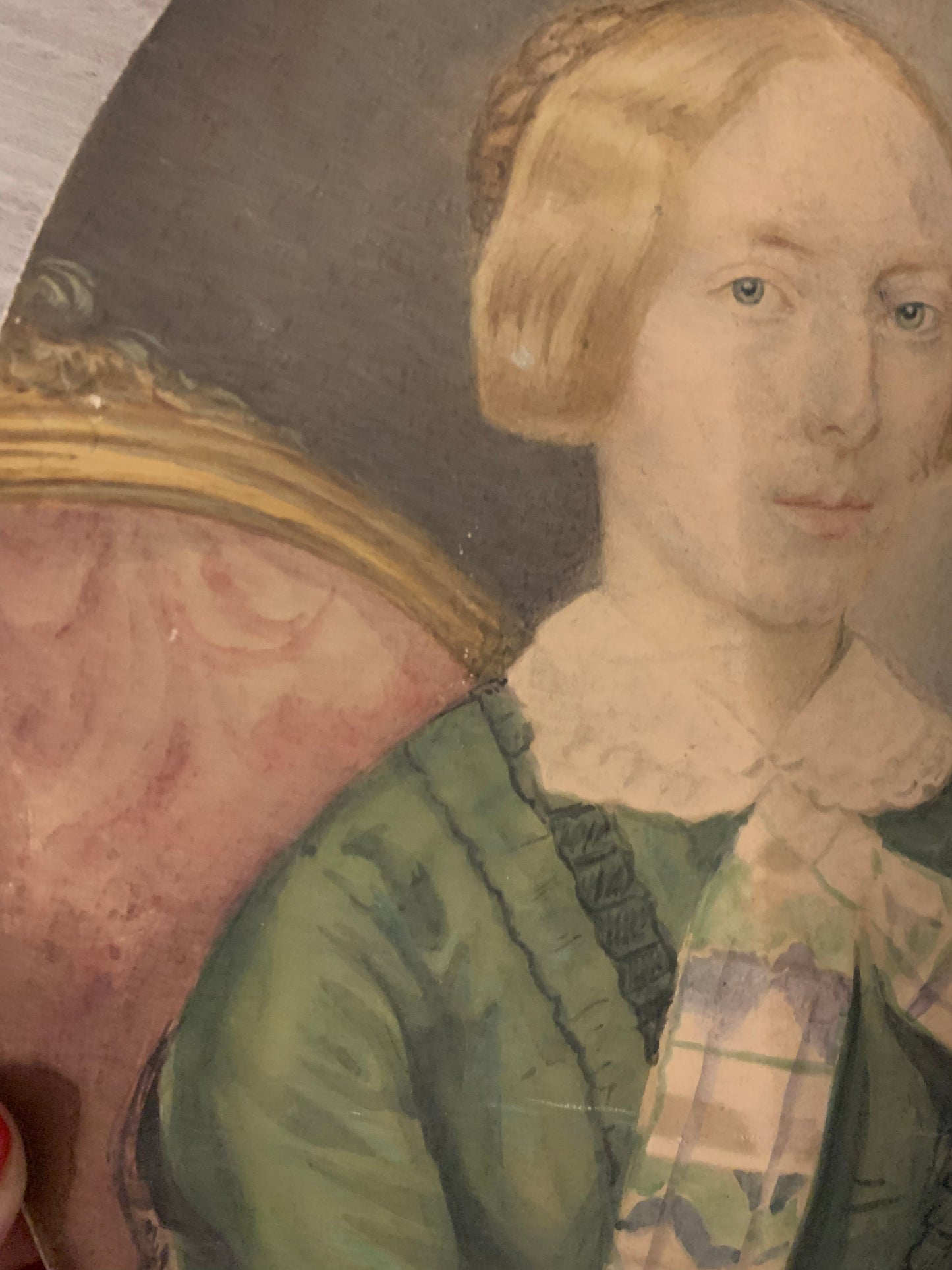Portrait of blonde girl with green dress.  Signed and Dated 1851.