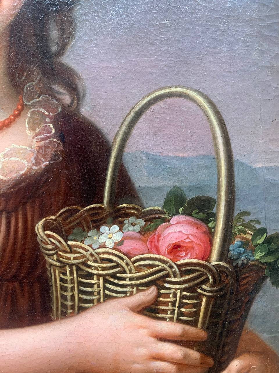 Portrait of a Young Girl with a Basket of Flowers and Coral Necklace, with the Bay of Naples in the Background