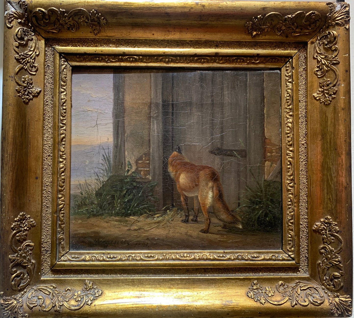 The fox hunting prey. Painting signed Wegener, dated 1841.