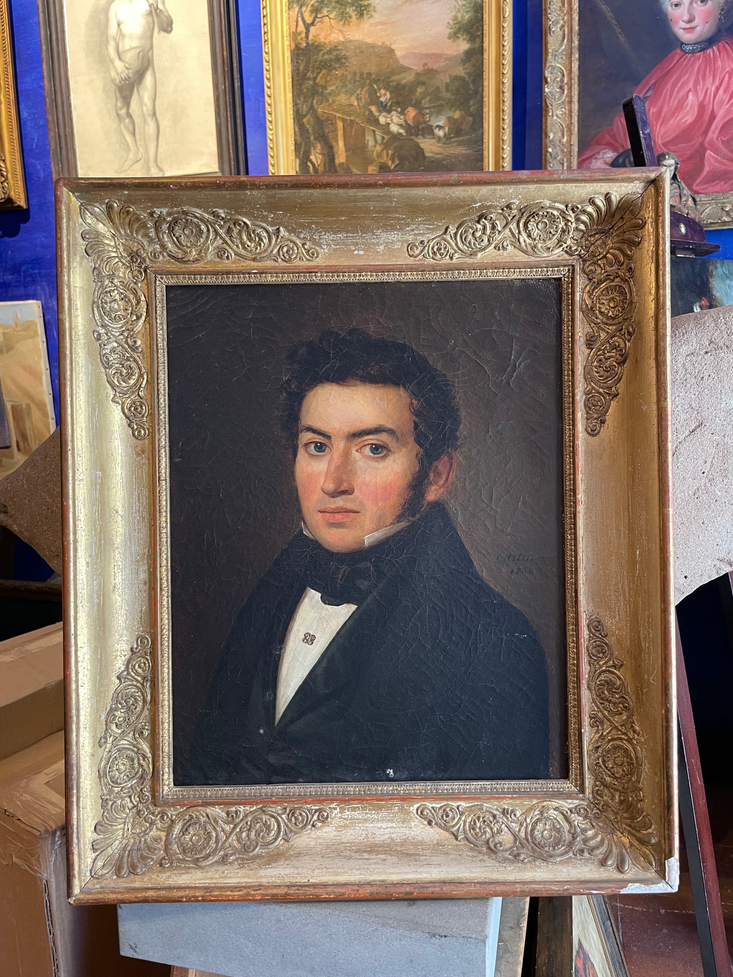 Ritratto d'uomo – Olio su tela firmato "Castin" e datato 1838, in cornice d'epoca