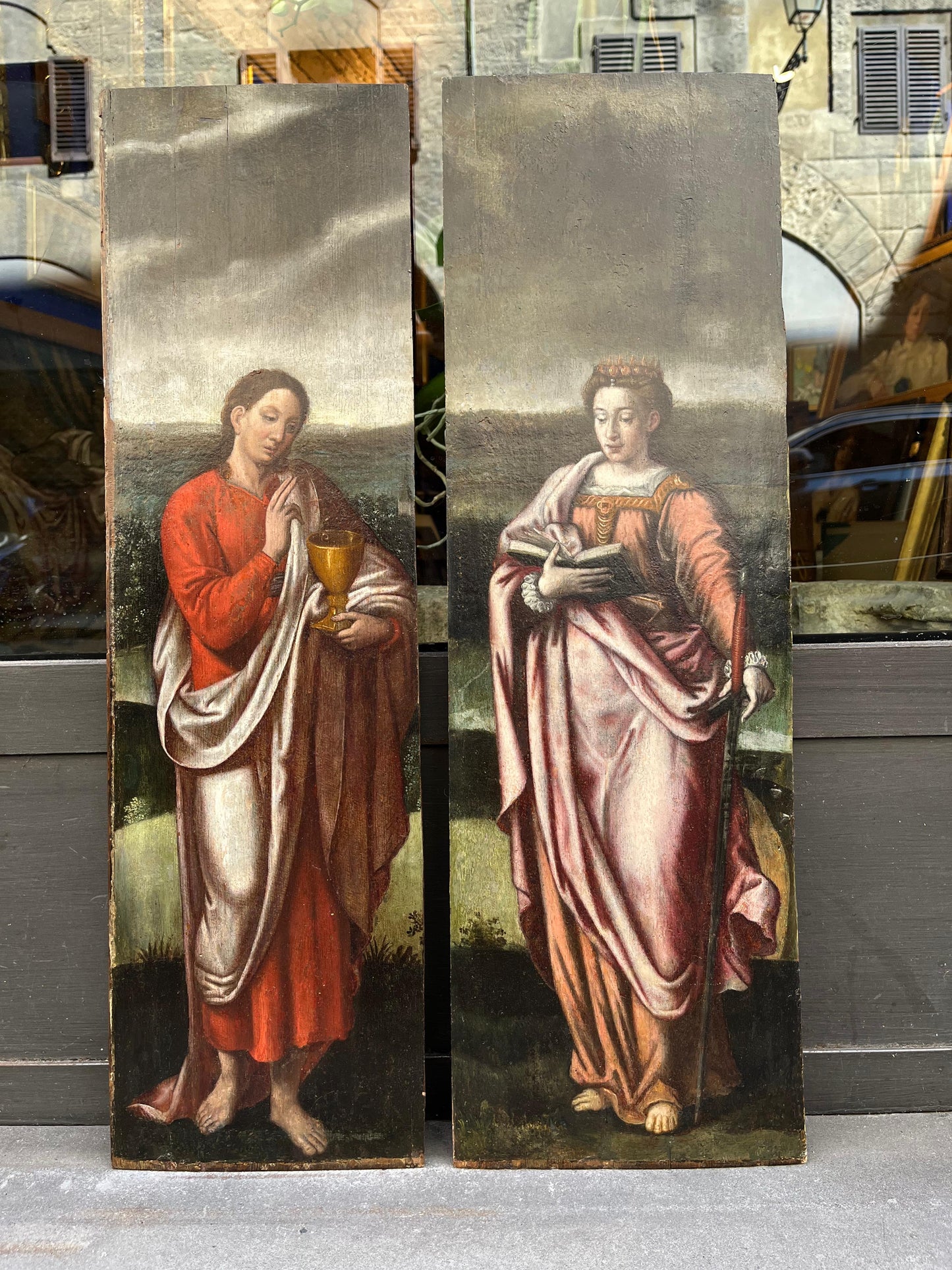Santa Caterina e San Giovanni, due ante di polittico, scuola fiamminga, XVI secolo