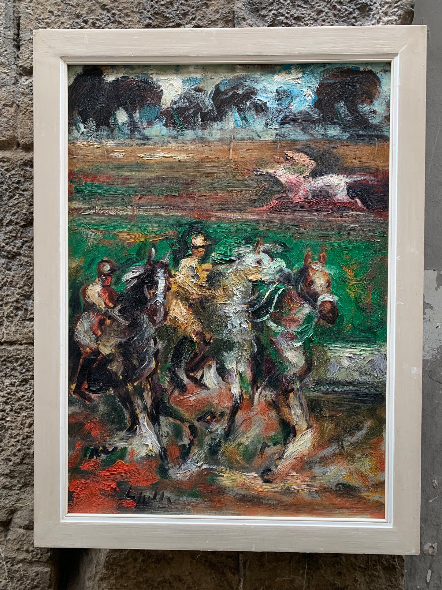 At the Racetrack, horses in the Cascine, Florence. Painting by Emanuele Cappello, born in 1936