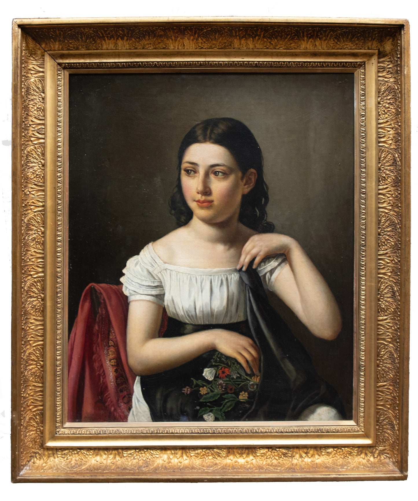 Romantic Portrait of a Girl Holding Flowers, French School. Late 1820s. Cm 88x75