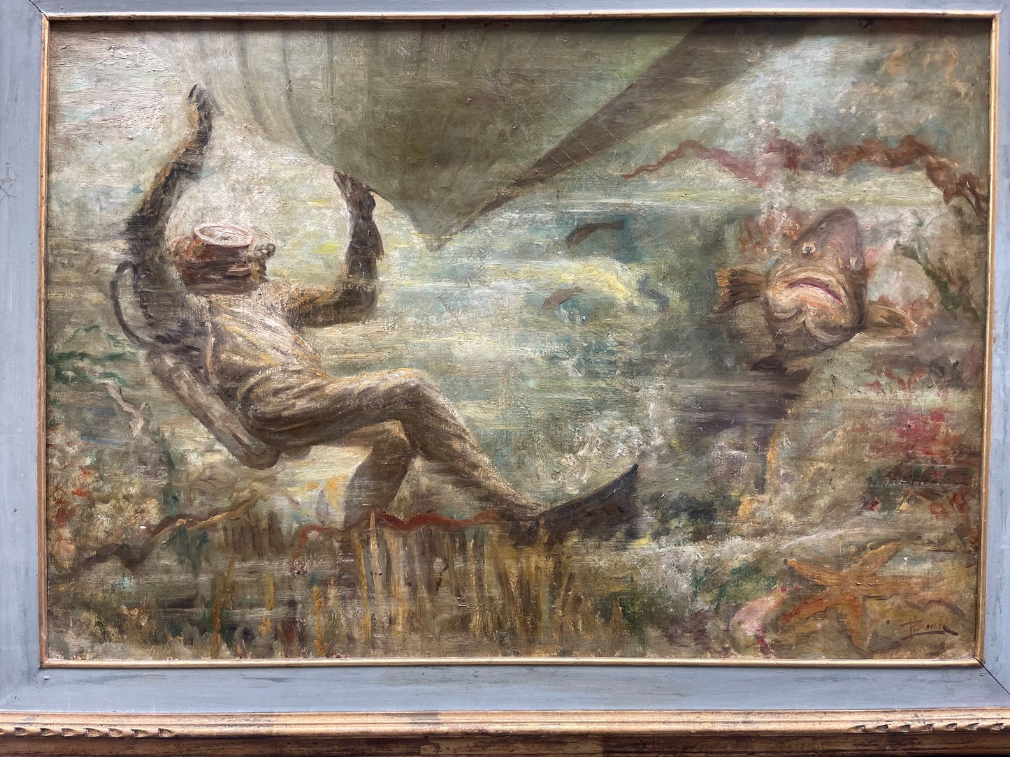 Subacqueo con cernia sotto una barca - Metà del XX secolo. Cm 99 x 74