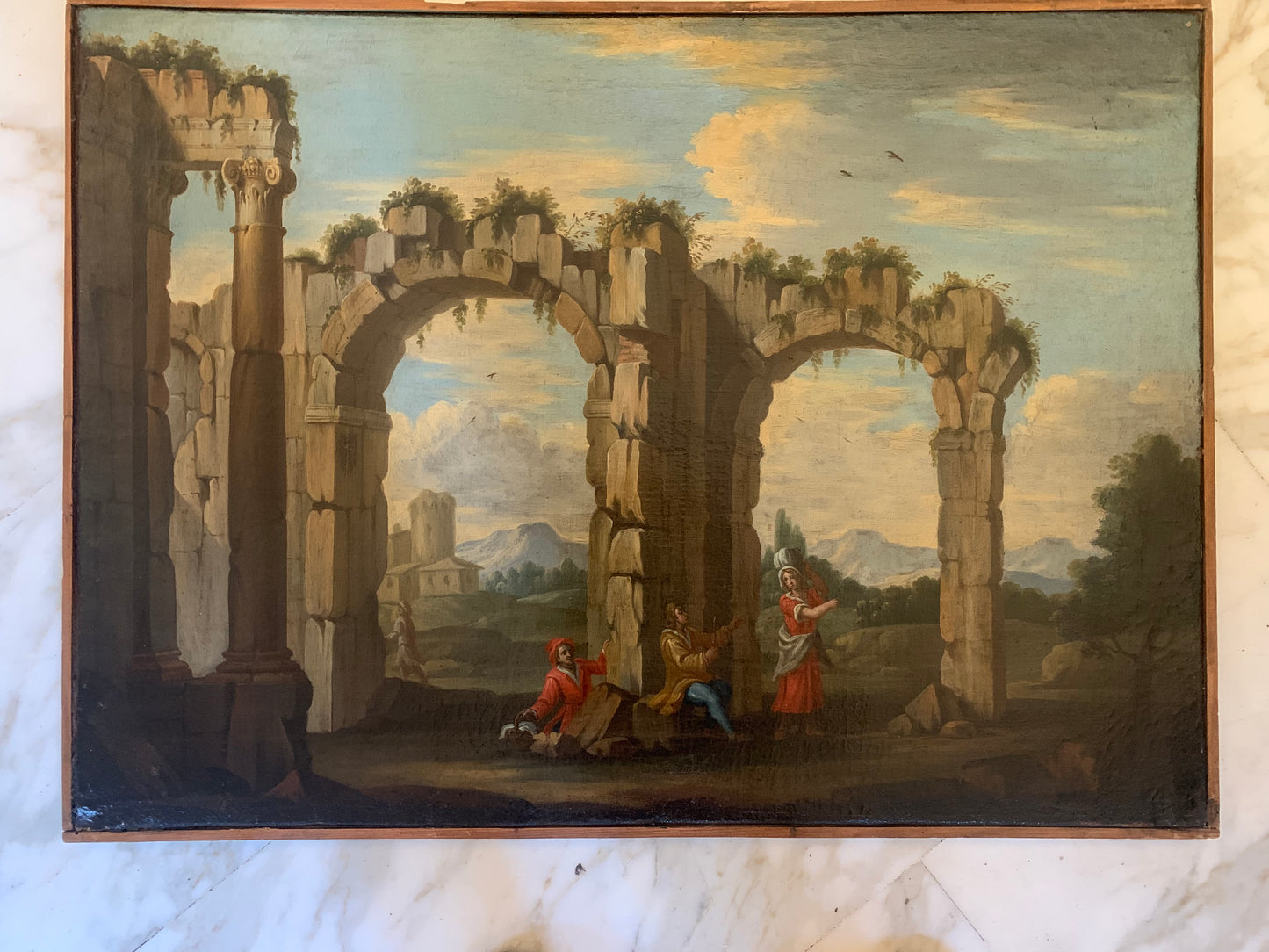 Roman school. Lazio landscape. Early 18th century. Architectual Capriccio with ruins of Ancient Rome