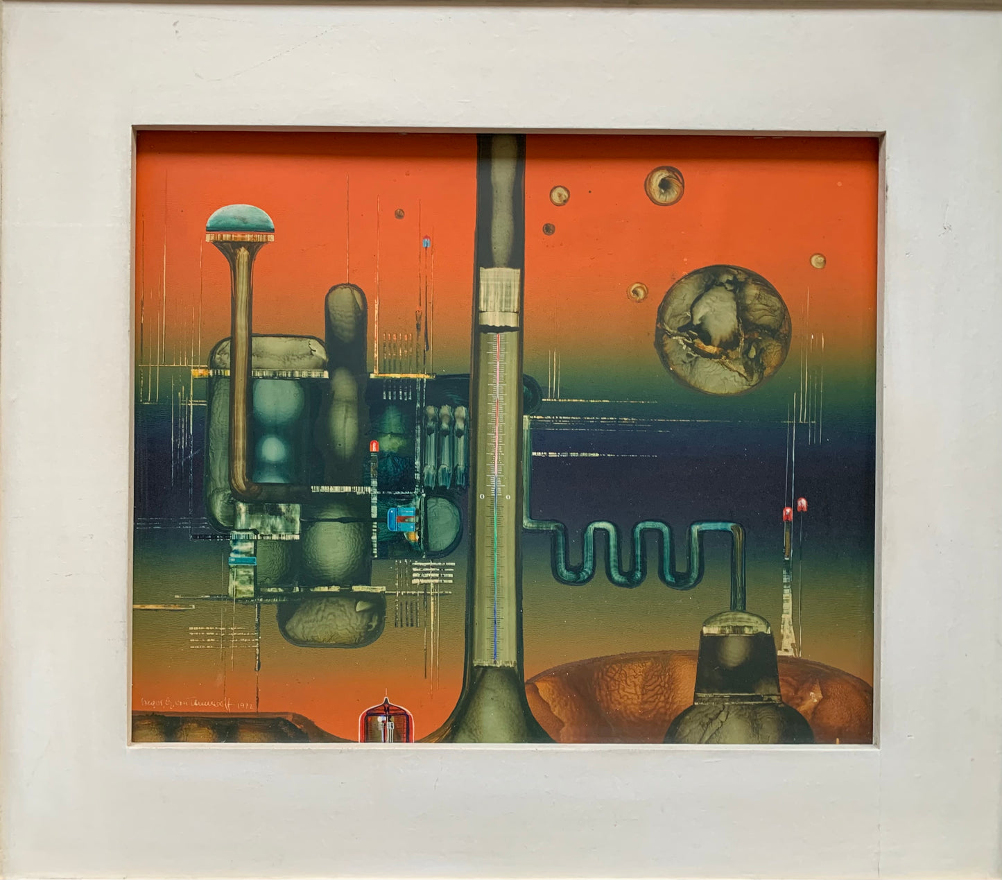 Planets, satellites and a city in space by Gregor Alexis Vogt - Tamaroff. (born 1938, Warsaw)