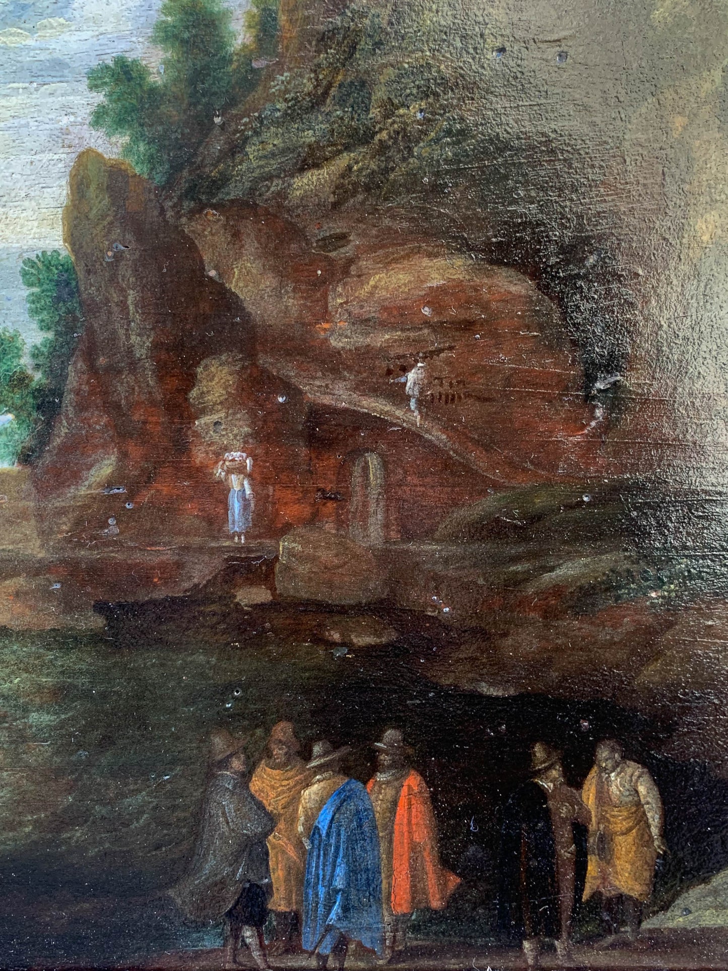 Paesaggio roccioso con barche, uomini e cavalli. XVII secolo. Pittore del manors Europa attivo in Italia