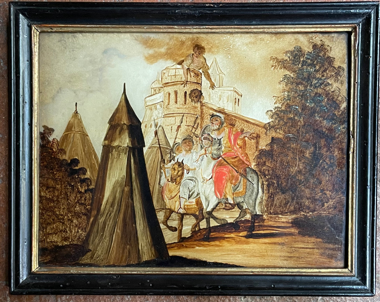 Dipinto sottovetro con scena di assedio, cavalieri e tende militari, XVIII secolo, Venezia (?)