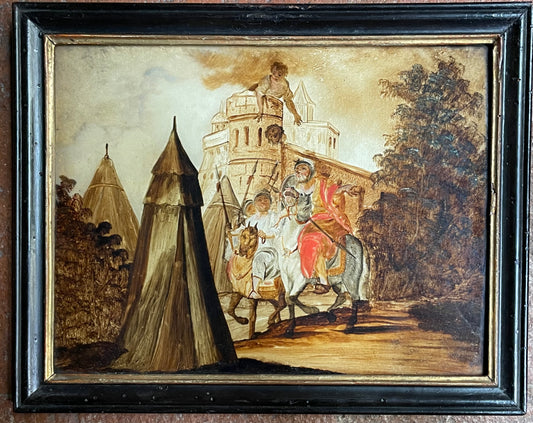 Dipinto sottovetro con scena di assedio, cavalieri e tende militari, XVIII secolo, Venezia (?)