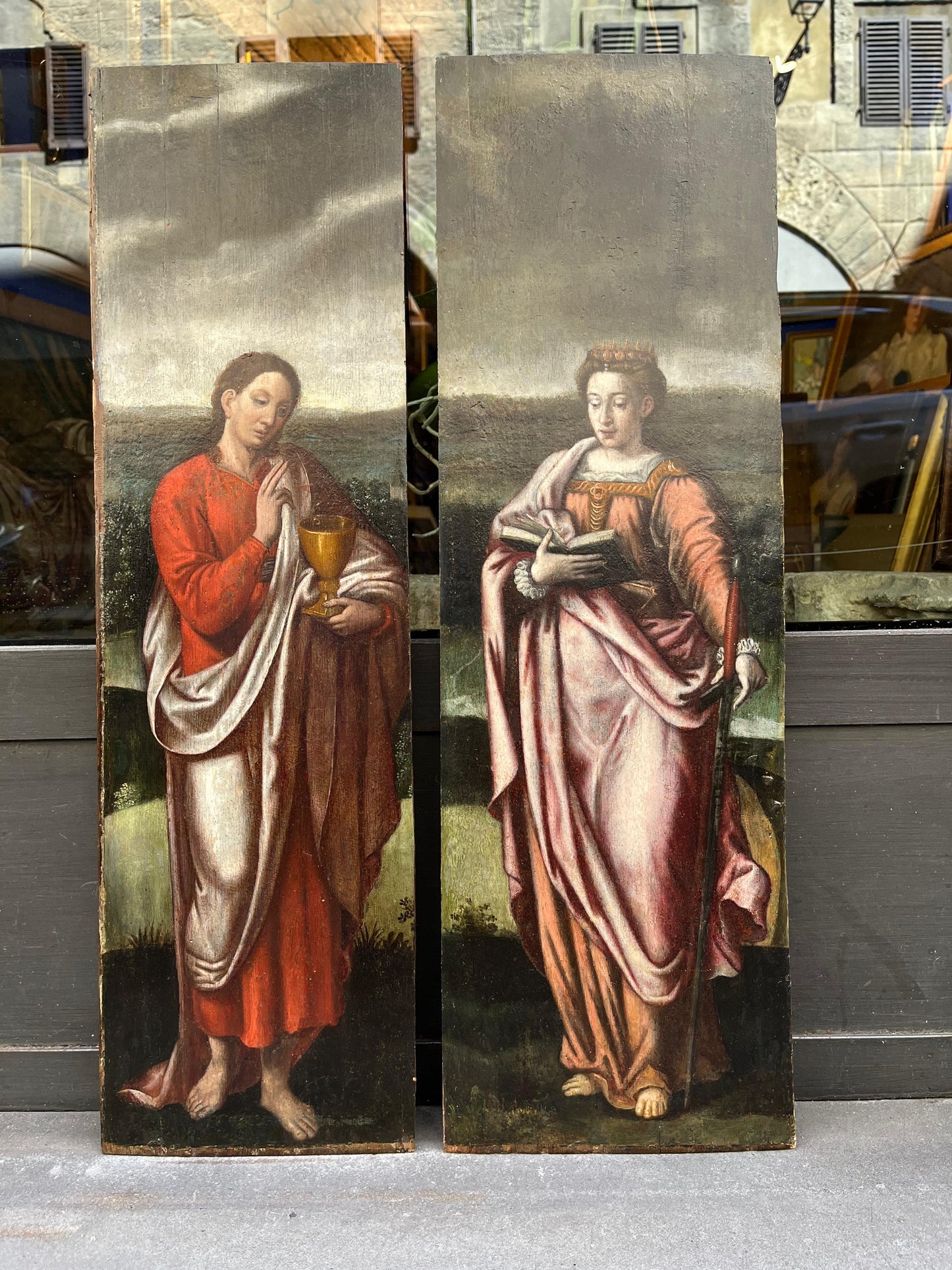 Santa Caterina e San Giovanni, due ante di polittico, scuola fiamminga, XVI secolo