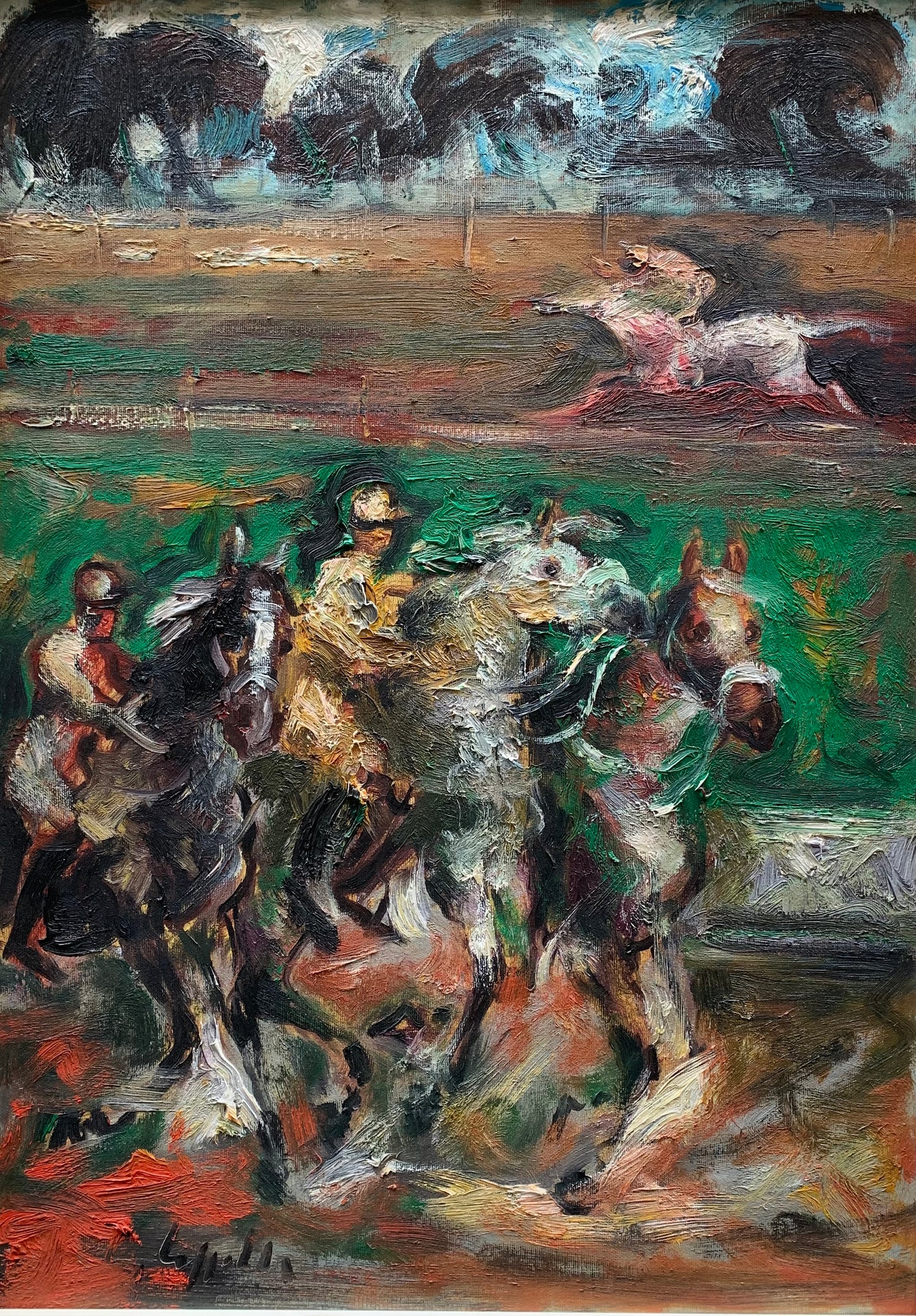 At the Racetrack, horses in the Cascine, Florence. Painting by Emanuele Cappello, born in 1936