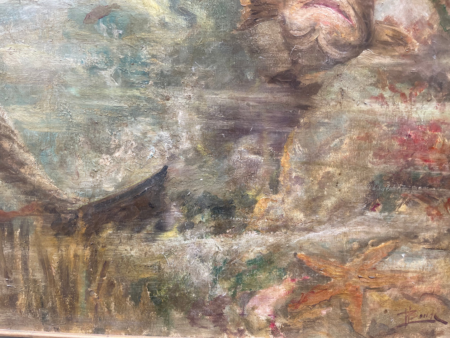 Subacqueo con cernia sotto una barca - Metà del XX secolo. Cm 99 x 74