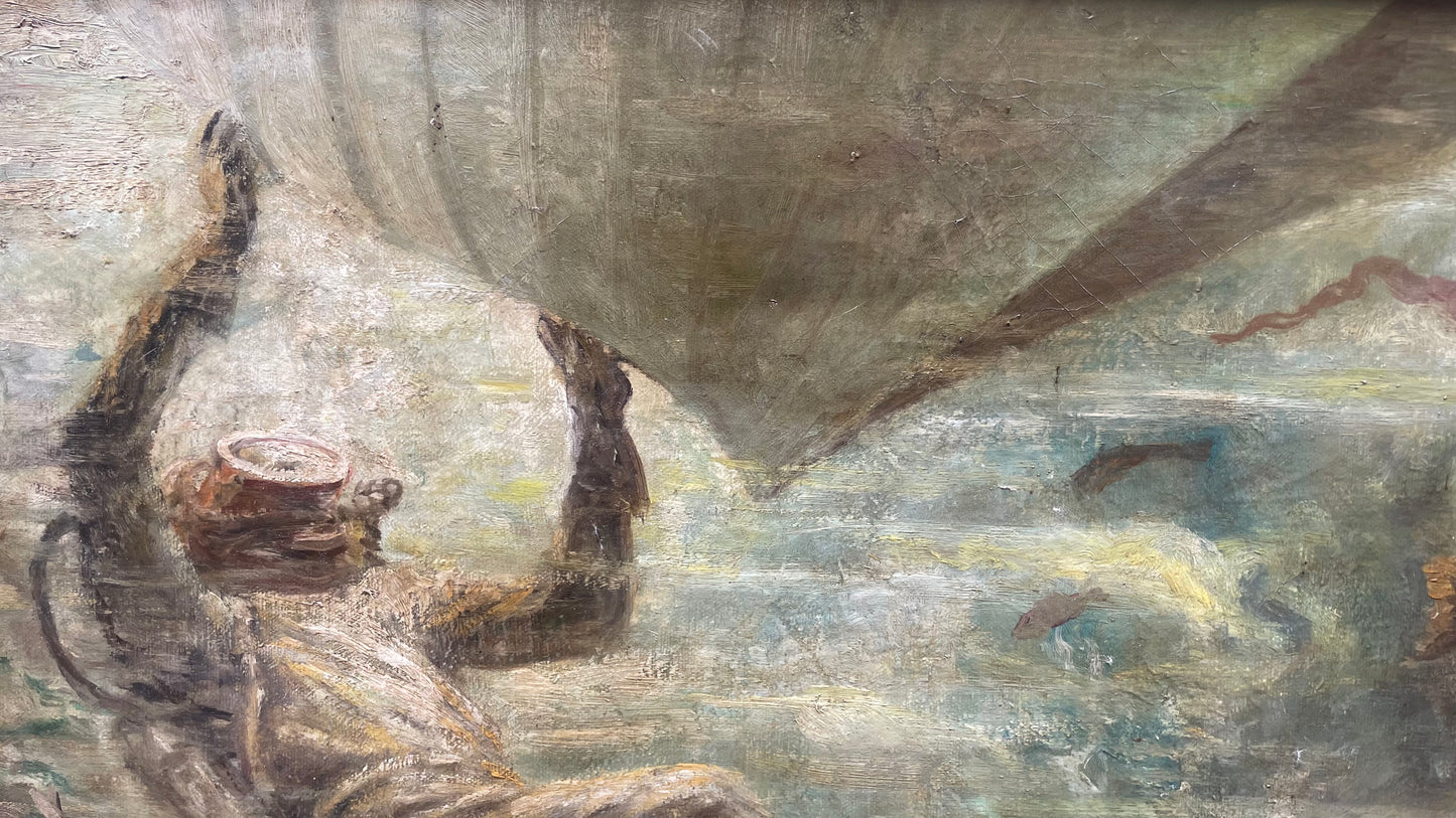 Subacqueo con cernia sotto una barca - Metà del XX secolo. Cm 99 x 74