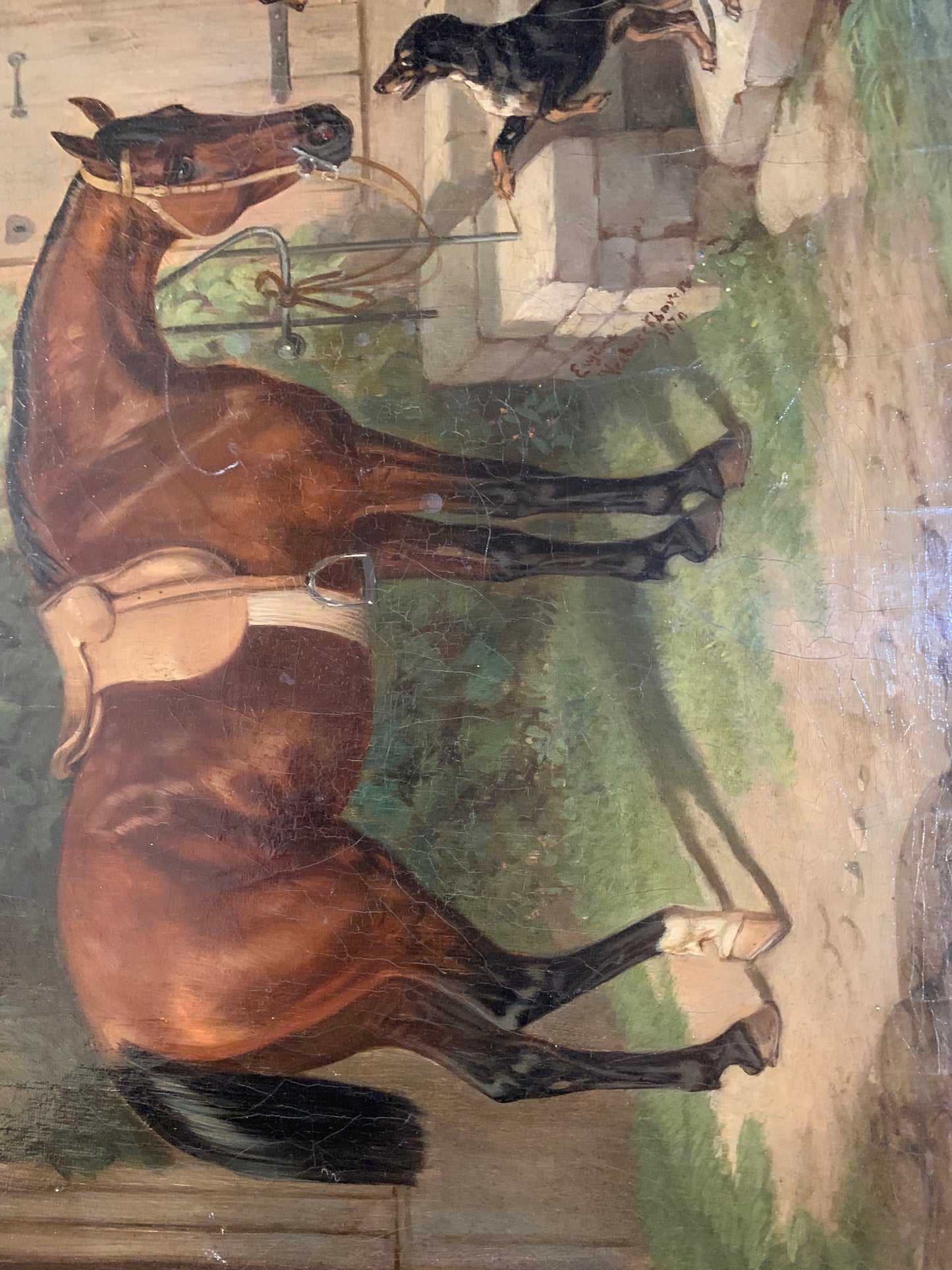 Courtyard Scene with Horse and Two Dachshunds. Anno 1870