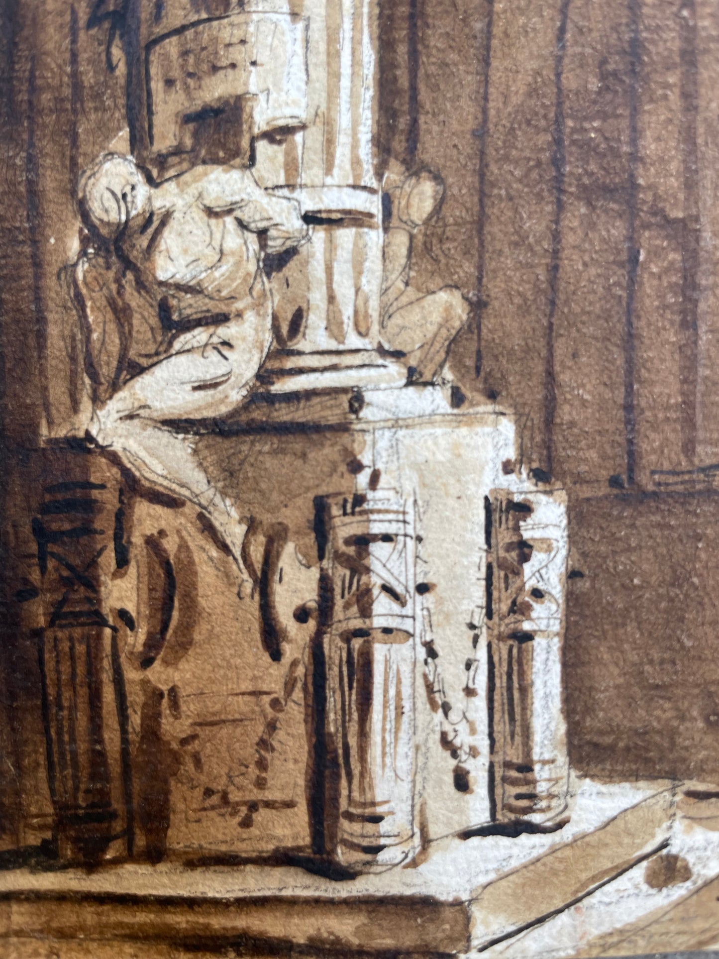 Scenografia architettonica con monumento a trofei, moro prigioniero e leoni. Amb. Fontanesi