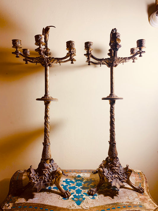 Art Nouveau Bronze Candelabras with Herons and Masks - Eclectic Style with French Influence (1880-1890)