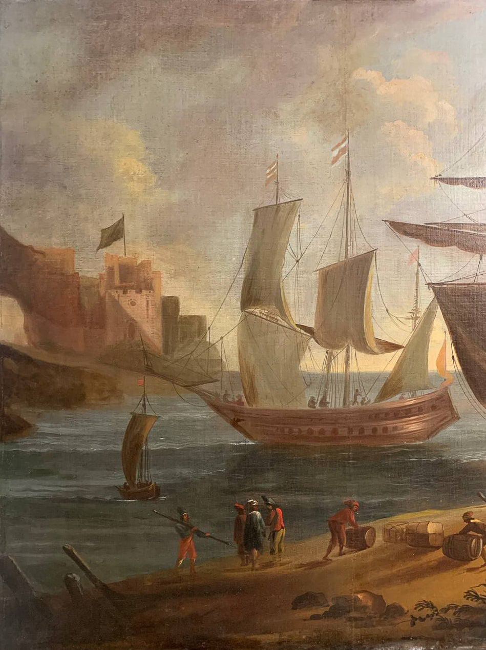 Large Marine painting with Ships in the port.  1690-1720 circa. Cm 110x 118