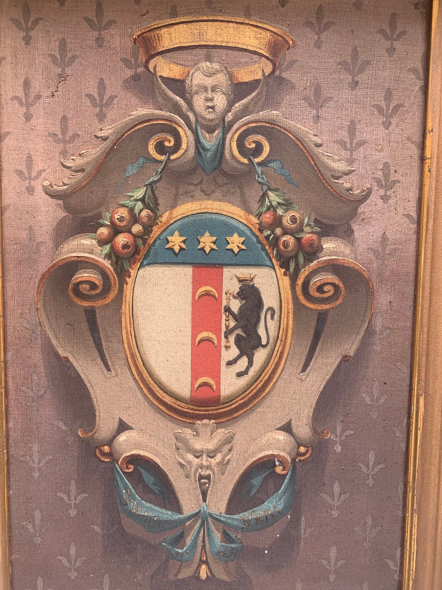 Painted Coat of Arms of the Neri family with Leo, crescents and stars. YEAR 1892