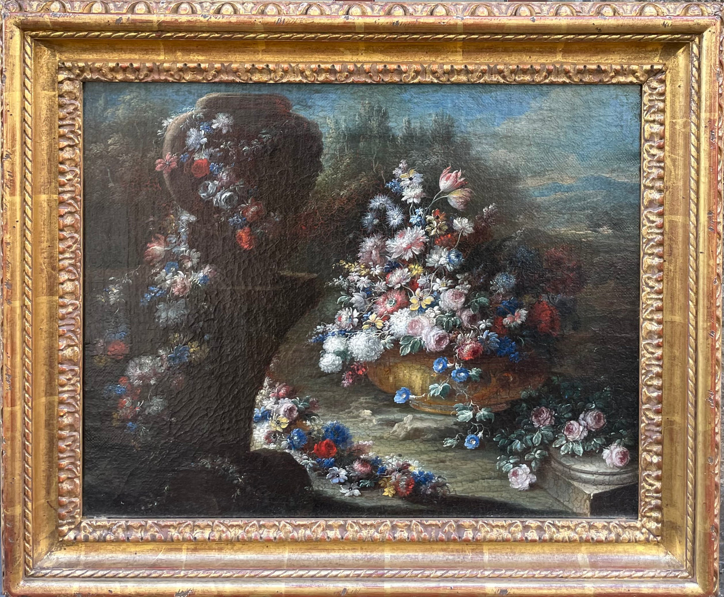 Gaspare Lopez, attribuzione Natura morta con grande vaso e cascata di fiori in un giardino, Napoli, c. 1720