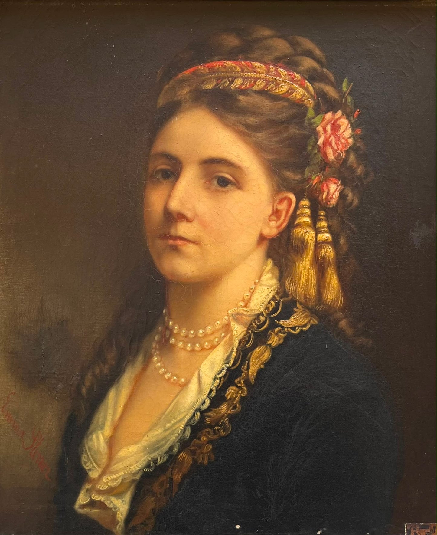 Ritratto di giovane donna in costume balcanico di influenza ottomana, firmato Emma Sterrer, ca. 1880