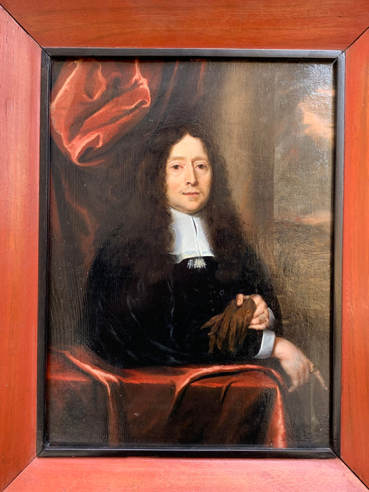 Portrait of Man with Gloves before a Column — Leiden School, late 17th century