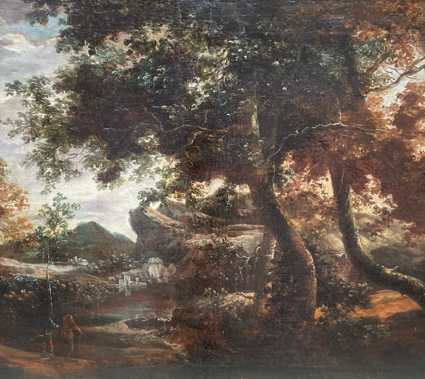Scuola olandese, XVII secolo – Paesaggio montuoso e viandanti, ambito di Ruysdal