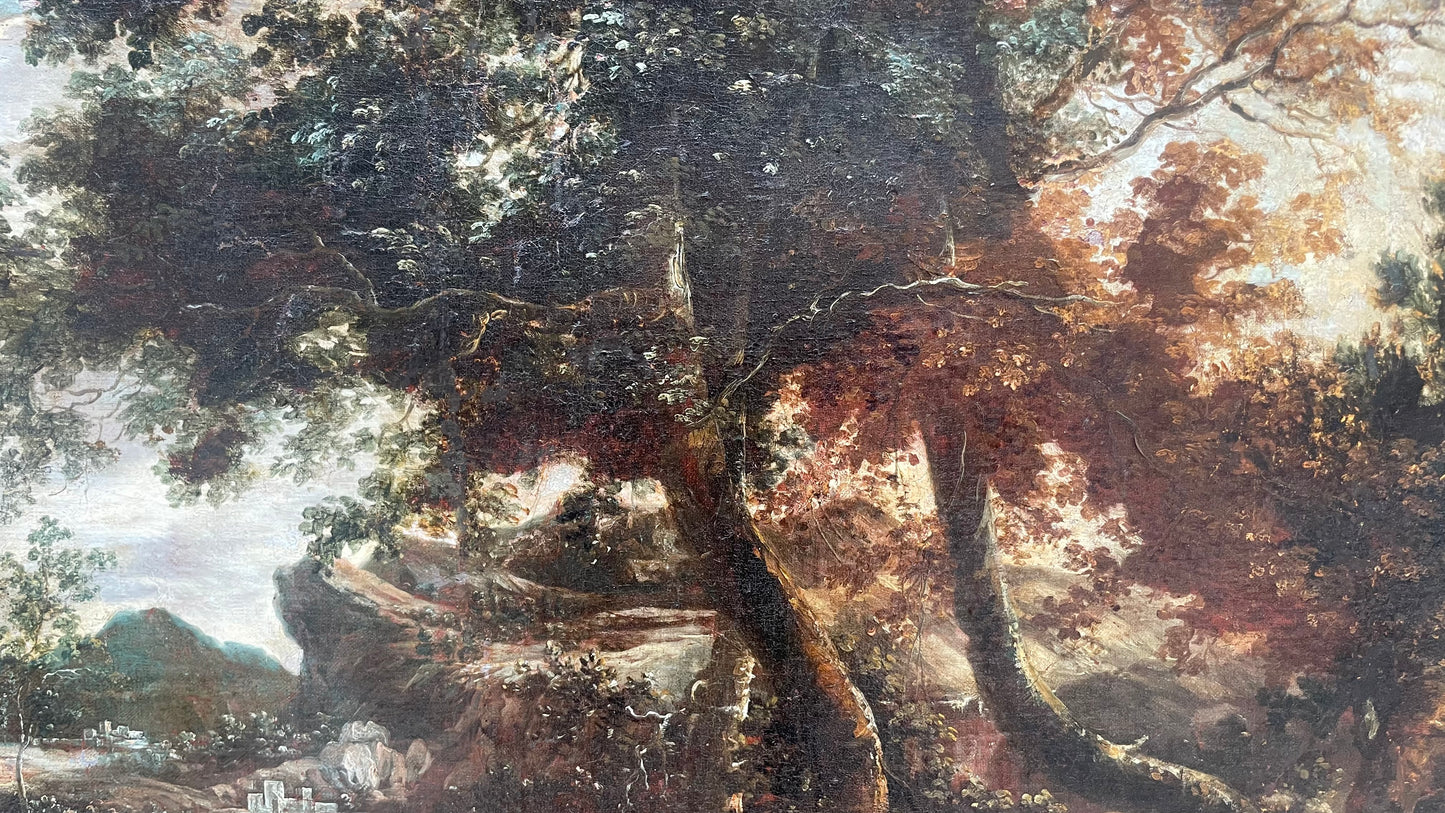 Scuola olandese, XVII secolo – Paesaggio montuoso e viandanti, ambito di Ruysdal