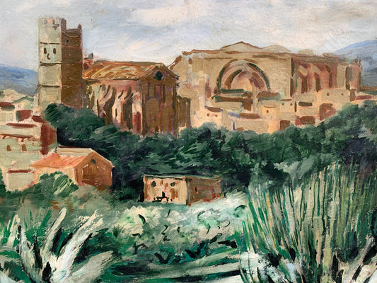 Medieval Church, Towers, and Agave. Spain or South of France. Ca. 1920-1930.