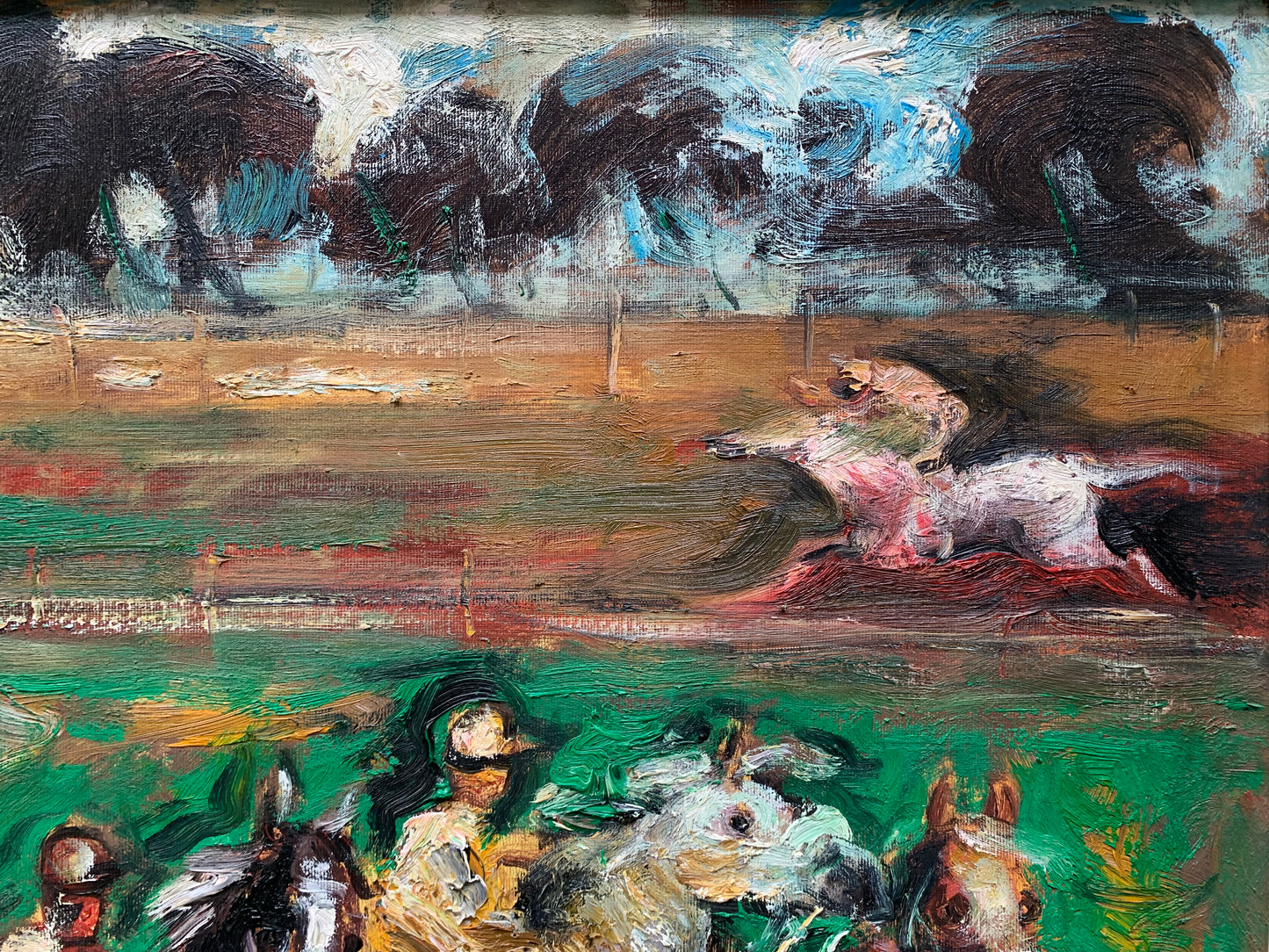 At the Racetrack, horses in the Cascine, Florence. Painting by Emanuele Cappello, born in 1936