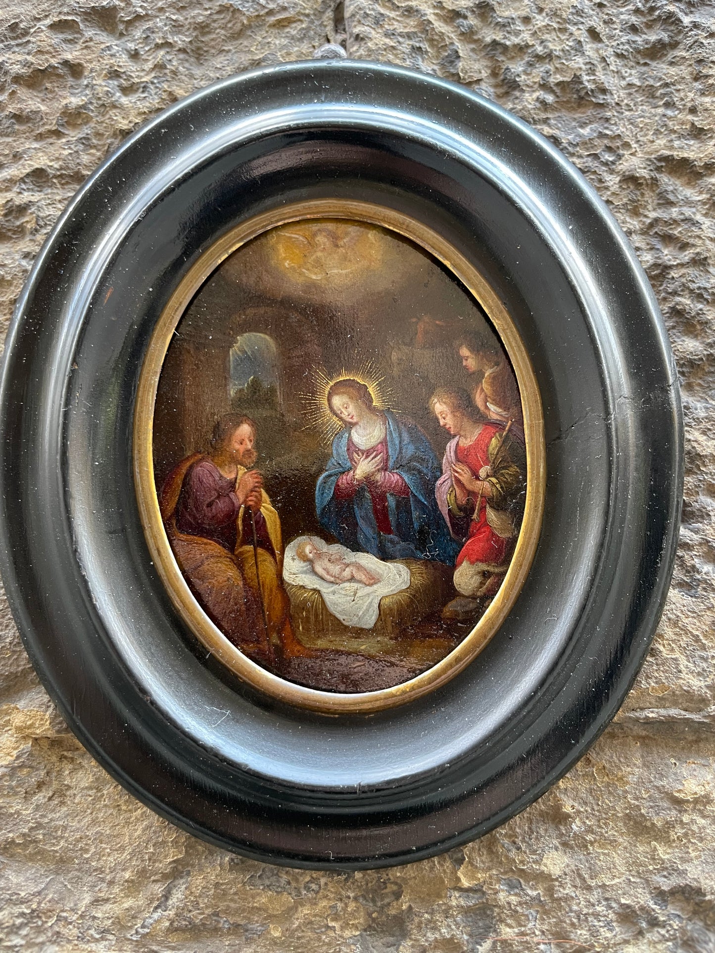 Reserved adorazione dei pastori. Scuola fiamminga, XVII secolo. Olio su rame