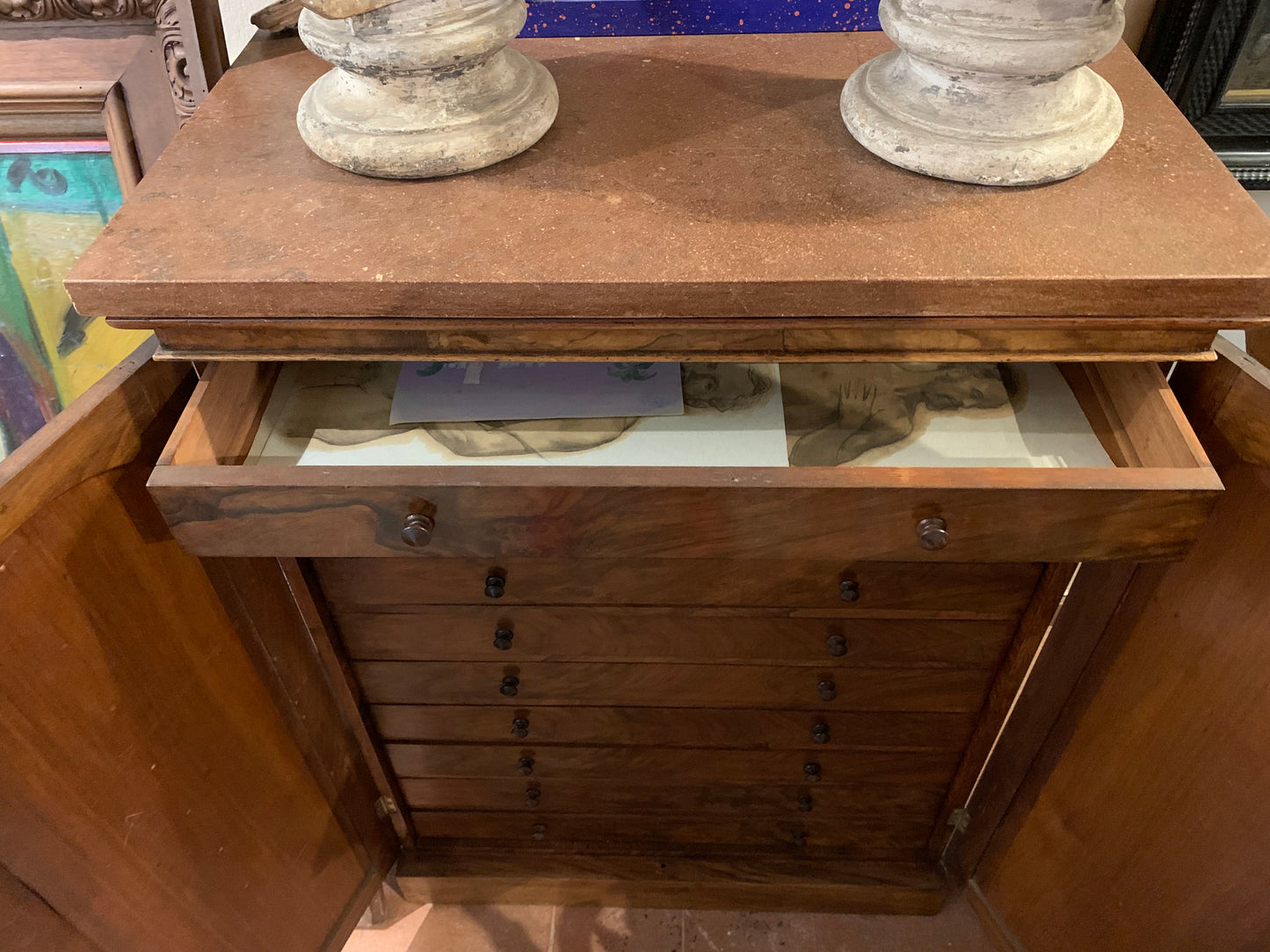 Drawer Archive Cabinet for Documents and Maps, 19th Century, Walnut Veneered Wood with Scagliola Top