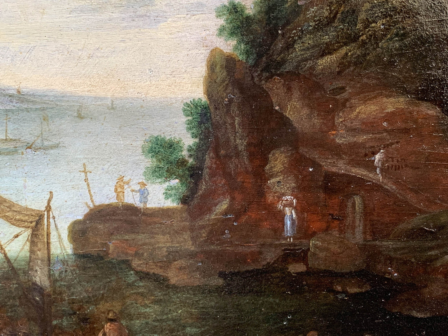 Paesaggio roccioso con barche, uomini e cavalli. XVII secolo. Pittore del manors Europa attivo in Italia