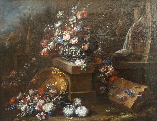 Gaspare Lopez, attribuzione Natura morta con fontana, obelisco e cascata di fiori in un giardino, Napoli, c. 1720