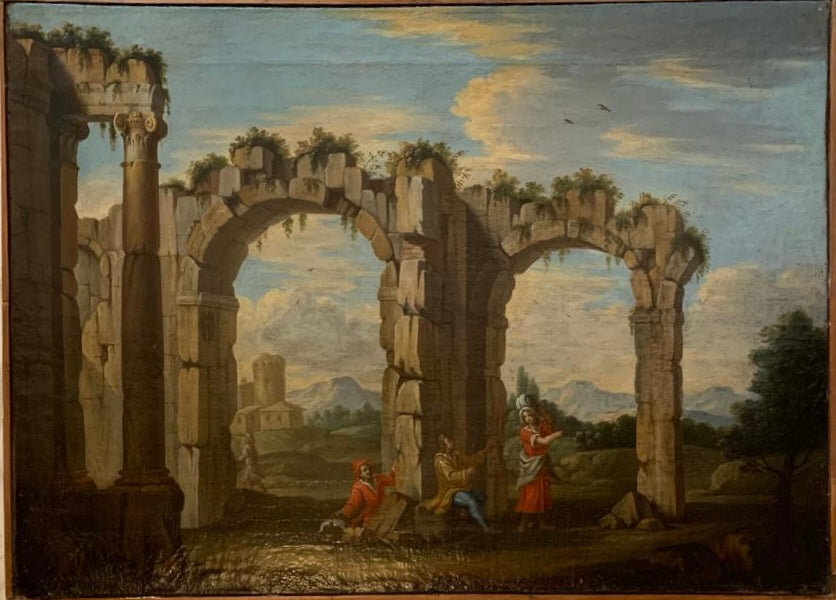 Roman school. Lazio landscape. Early 18th century. Architectual Capriccio with ruins of Ancient Rome