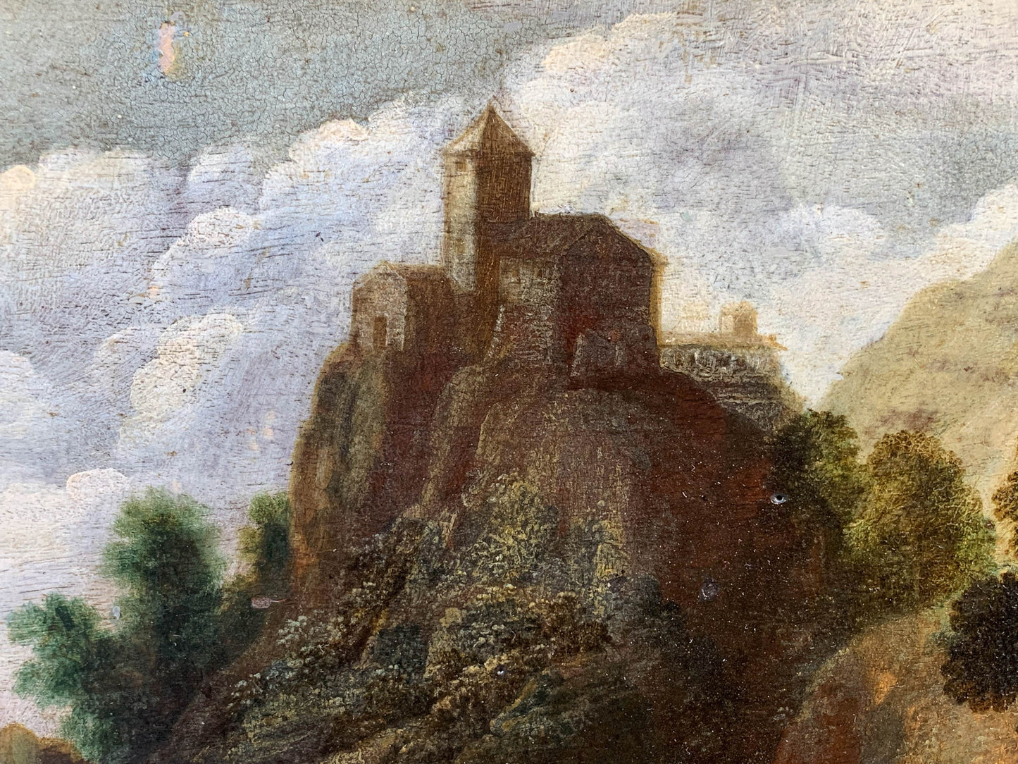 Paesaggio roccioso con barche, uomini e cavalli. XVII secolo. Pittore del manors Europa attivo in Italia