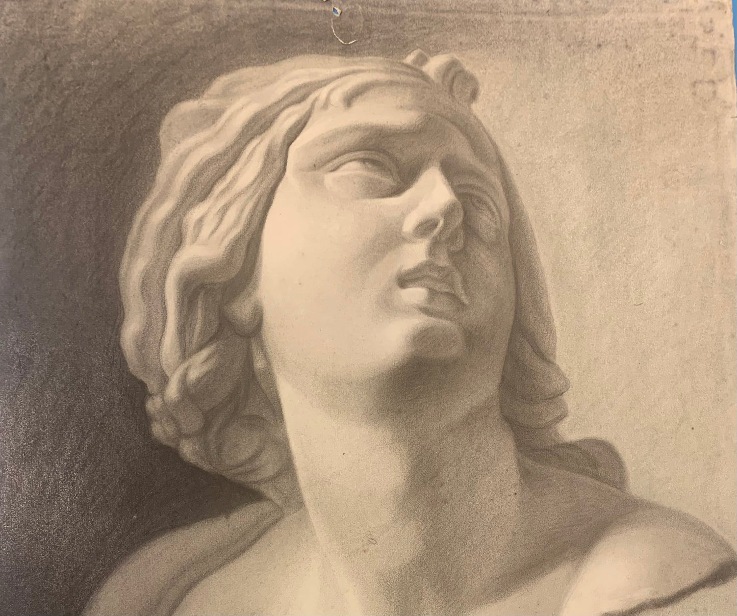 Academic drawing of classical bust sculpture. XIX century